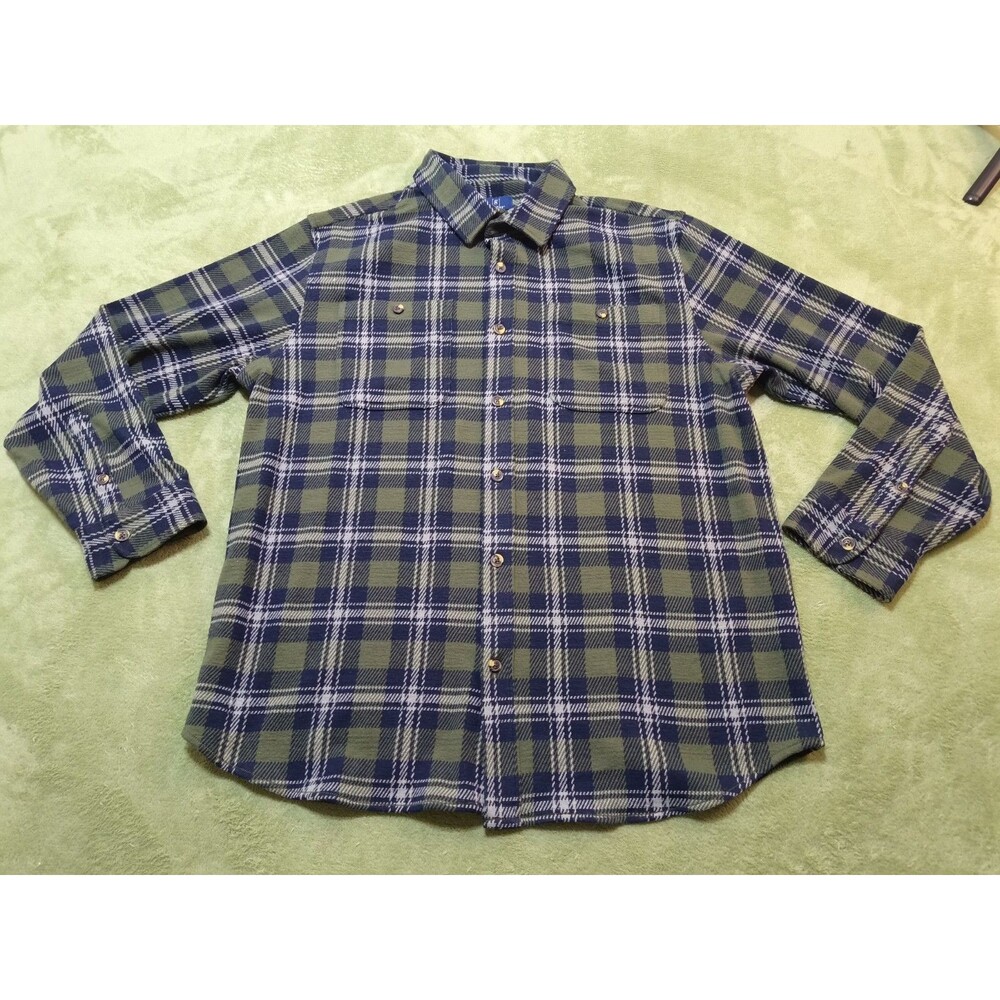 George Mens XL Plaid Flannel Shirt Green Blue Stretch Recycled Poly L/S Pocket